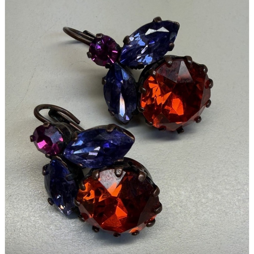 1990s Francoise Montague Paris Signed Crystal Drop Earrings Ruby Purple Couture